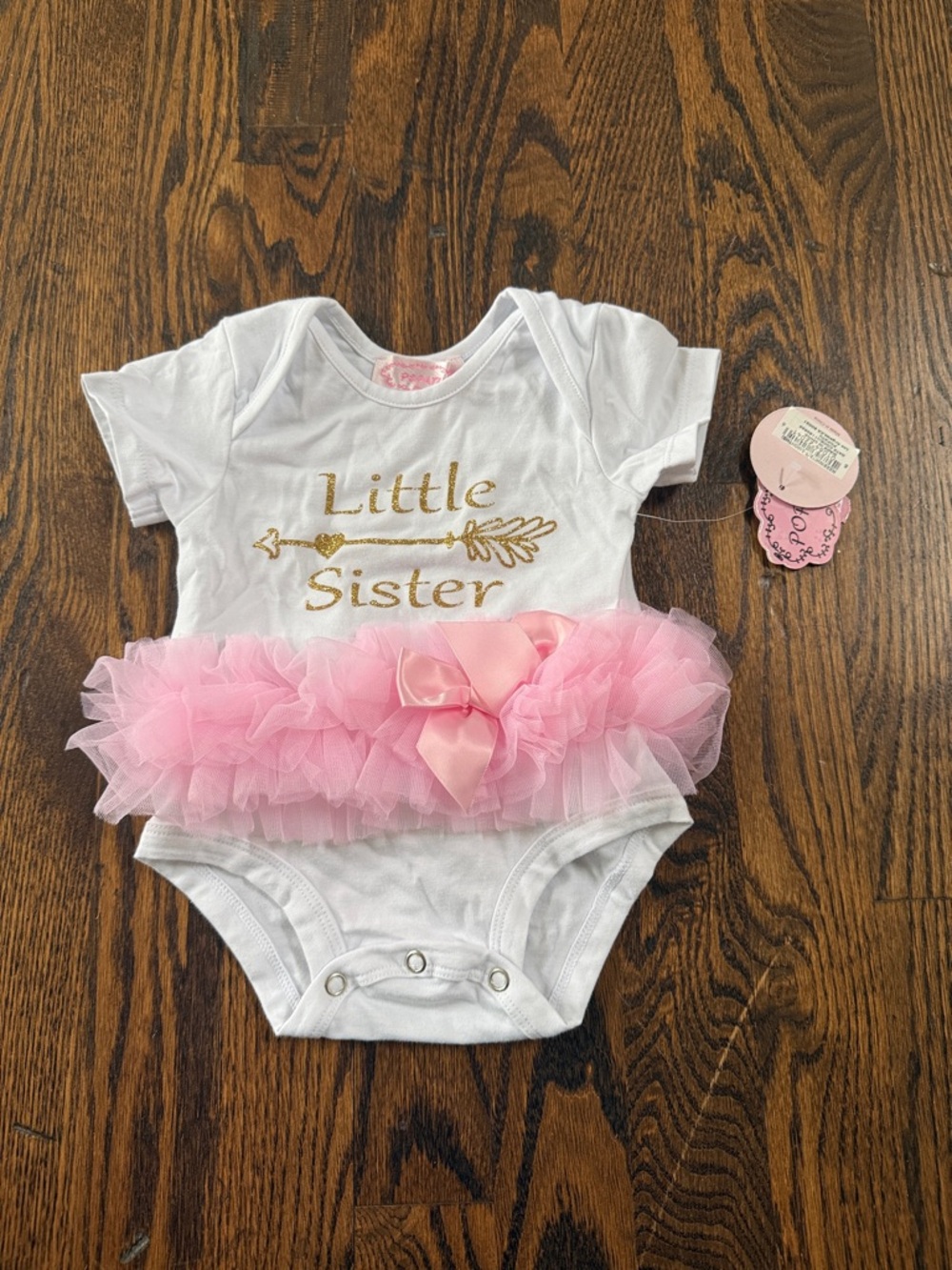 Popatu White Bodysuit with Pink Tulle Ruffle and Gold 'Little Sister'